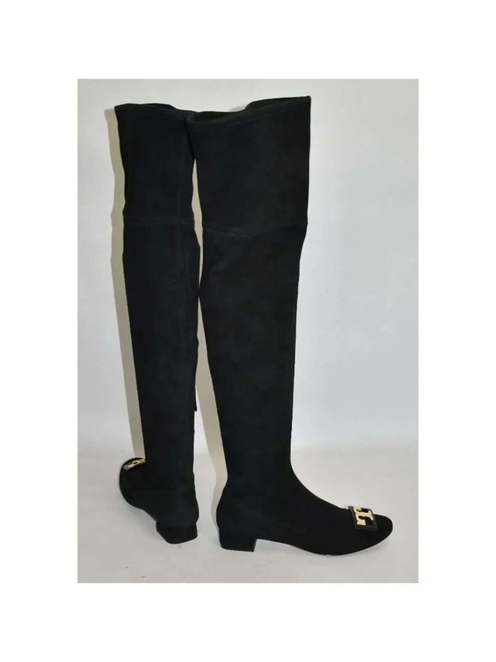 $650 TORY BURCH Gigi Stretch Over the Knee Boots RIDING BLACK GOLD LOGO 5 (M31)